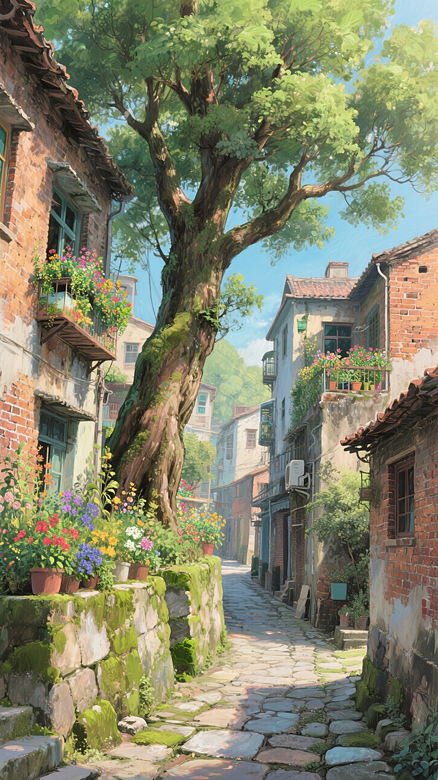 老城区老榕树长着青苔的小石巷旧小砖楼阳台种满花花草草.真实自然，笔触清晰，高饱和度，光影对比，电影质感宫崎骏治愈插画风格