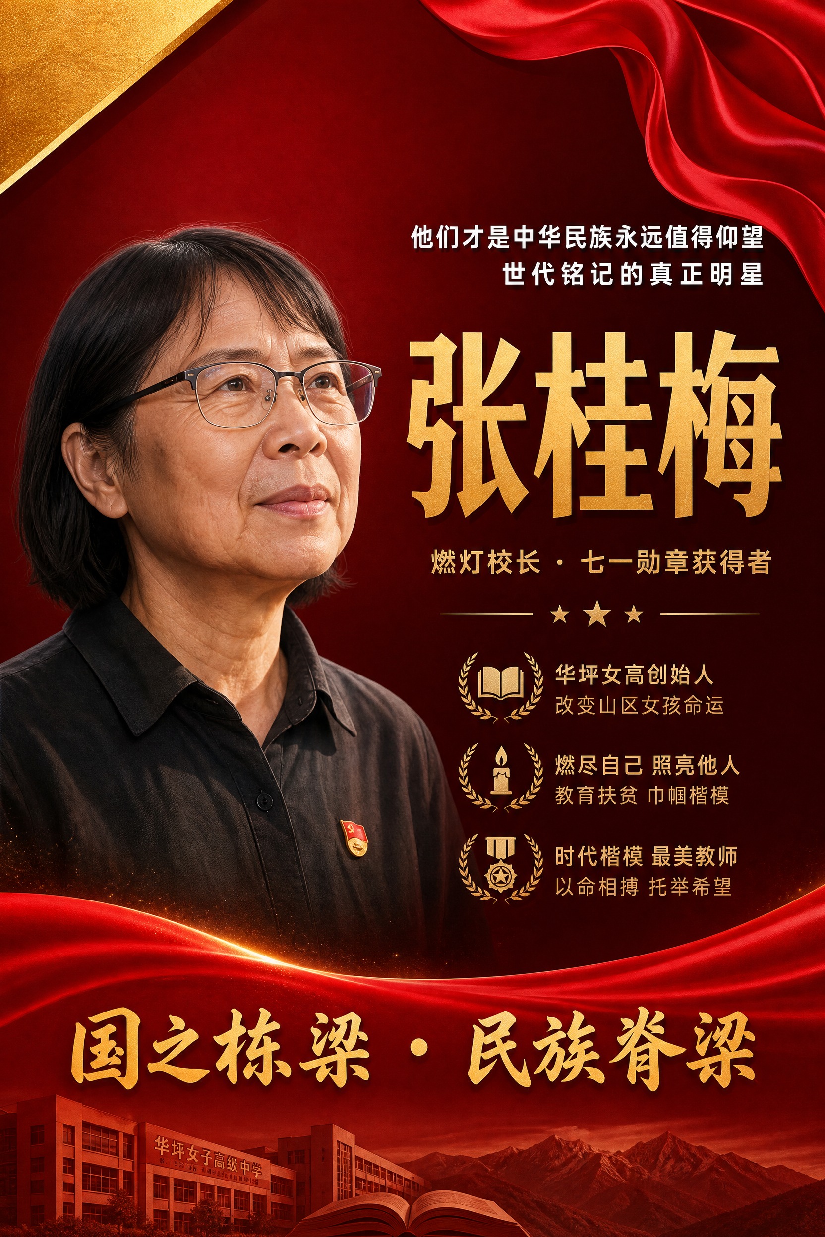 国之栋梁人物挂画海报，张桂梅主题，参考图版式骨架复刻，保持完全… - 图片创意预览