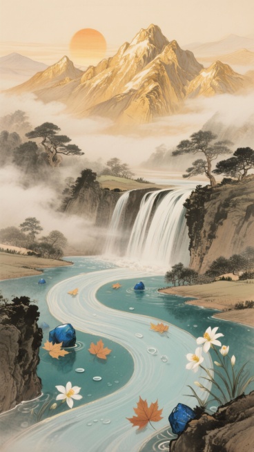 [天空留白区]
    ╱╲      日照金山
   ╱  ╲    (香槟金色)
  ╱    ╲＿＿＿＿＿＿＿
 ╱   云雾带    ↓  
╱＿＿＿＿＿＿＿＿瀑布  
│       碧潭预览效果