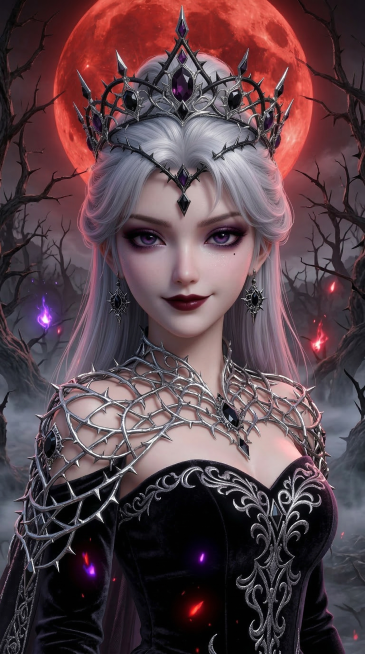保留人物脸型和银白发色基础，换装为暗黑魔女风格：黑色丝绒抹胸长裙，肩披银色荆棘披风，头饰换成黑色荆棘银冠，妆容变为暗紫色烟熏眼妆+哑光黑红唇，表情变为邪魅冷笑，氛围神秘危险，背景是血色圆月与枯树林，9预览效果