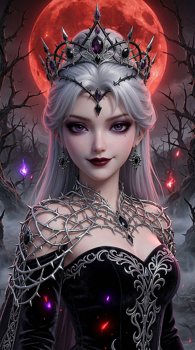 保留人物脸型和银白发色基础，换装为暗黑魔女风格：黑色丝绒抹胸长裙，肩披银色荆棘披风，头饰换成黑色荆棘银冠，妆容变为暗紫色烟熏眼妆+哑光黑红唇，表情变为邪魅冷笑，氛围神秘危险，背景是血色圆月与枯树林，9:16比例