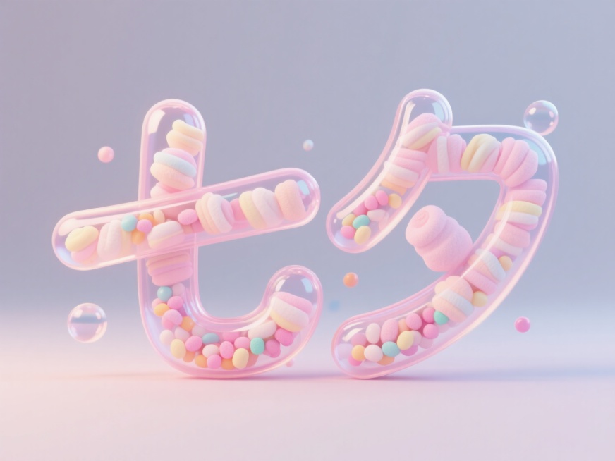 立体泡泡字体，字体:"七夕"，3D立体字，软边缘，字体采用粉彩棉花糖材质表面覆水光膜，字体透明，字体里面填充跳跳糖颗粒，字体旁加点缀，可爱梦幻背景，blender渲染，干净纯色背景预览效果