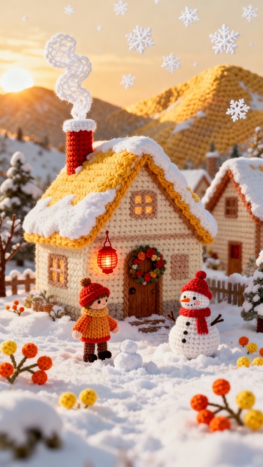 精致的钩针编织风格冬日场景，暖色调为主，阳光照耀下的温馨冬日村庄，雪覆盖的尖顶小屋，屋顶积雪泛着柔和的金黄色光芒，烟囱冒出白色钩针编织的袅袅炊烟，门前挂着红色钩针编织的灯笼和花环，穿着厚毛线衣的钩针小人在雪地上堆雪人，雪地里点缀着橙色和黄色的钩针编织小浆果，远处是覆盖着暖金色阳光的钩针山脉，天空飘着白色钩针编织的雪花，整体画面充满温暖治愈的冬日氛围，细节丰富的钩针纹理，立体感强，色彩以暖黄、橙……预览效果