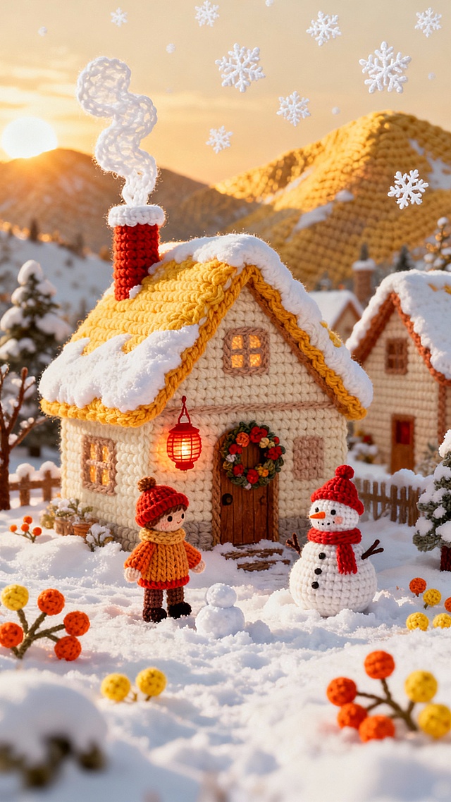 精致的钩针编织风格冬日场景，暖色调为主，阳光照耀下的温馨冬日村庄，雪覆盖的尖顶小屋，屋顶积雪泛着柔和的金黄色光芒，烟囱冒出白色钩针编织的袅袅炊烟，门前挂着红色钩针编织的灯笼和花环，穿着厚毛线衣的钩针小人在雪地上堆雪人，雪地里点缀着橙色和黄色的钩针编织小浆果，远处是覆盖着暖金色阳光的钩针山脉，天空飘着白色钩针编织的雪花，整体画面充满温暖治愈的冬日氛围，细节丰富的钩针纹理，立体感强，色彩以暖黄、橙红、米白为主，光线柔和明亮，营造出温馨舒适的冬日景象。