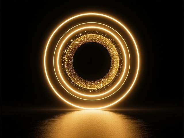 一张黑金配色的极简风格海报，以纯黑色为干净背景，中央是一个散发着强烈金色光效的圆形光环。光环由内外多层金色发光圆环组成，外环边缘锐利明亮，内环则带有细腻的金色颗粒感和星点闪烁效果，光效呈现出从中心向外逐渐减弱的渐变层次。光环底部投射出一道柔和的金色光斑，增强立体感和空间感。整体光影对比强烈，金色光芒温暖而耀眼，营造出神秘、高端、科技感与神圣感并存的氛围，视觉层级清晰，信息传达简洁有力，设计感十足。