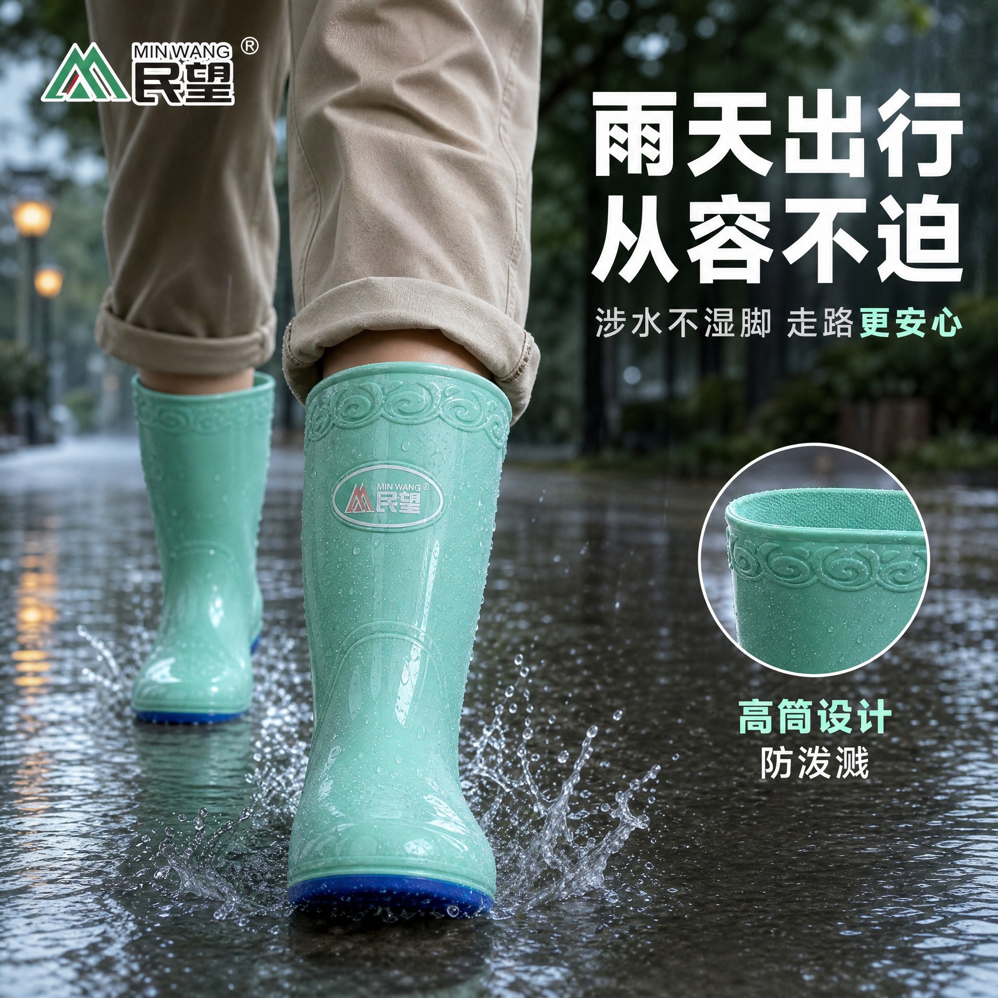 [主图-3] 民望绿色雨靴雨天户外涉水使用场景图，展示真实雨天… - 图片创意预览