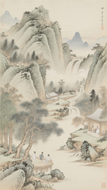 工笔画风格的中国山水画，构图雅致，笔墨细腻，色彩淡雅，展现山川意境，传统国风质感预览效果