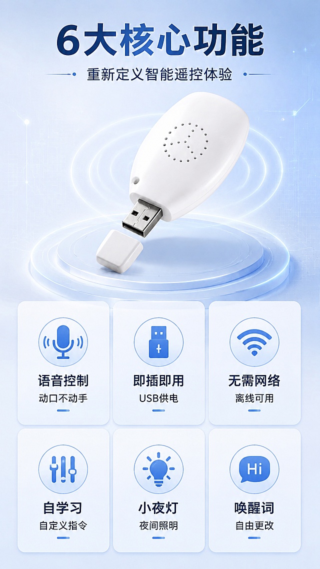 [第3张] 核心卖点总览页 - AI语音遥控器6大核心功能分区展示。本张使用【图2】作为产品主体展示。
[氛围/风格] 科技信息图风格，浅蓝白底，清晰分区，专业理性，商业设计质感。
[元素布局] 产品图位于画面上方中央，占比约30%；下方分为6个圆角卡片分区，2行3列排列，每个卡片配一个功能图标和简短说明；卡片之间有细线分隔；背景有淡淡的网格线和科技光点装饰。
[光影质感] 均匀柔光照明，产品清晰，整体明亮干净。
[配色色系] 全局底色 #F0F7FF 浅蓝白；主色白色 + 蓝色；辅助色深蓝文字 + 浅蓝卡片底 + 图标蓝色渐变。
[视角构图] 上产品下功能的上下构图，阅读动线从上至下，从左到右逐卡阅读。
[文字版式] 顶部主标题「6大核心功能」，副标题「重新定义智能遥控体验」；6个功能卡片分别为：「语音控制 动口不动手」「即插即用 USB供电」「无需网络 离线可用」「自学习 自定义指令」「小夜灯 夜间照明」「唤醒词 自由更改」；每个卡片配对应简约图标；文字清晰可读。
[比例分辨率] 9:16 竖版比例，4K分辨率，文字清晰可辨，高清画质。
[负向提示词] 产品变形，缺件错件，颜色偏差，水印，文字错乱，文字过小，产品图模糊。