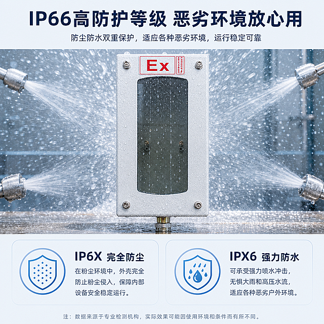 [第5屏] 详情页防护等级实测，验证IP66防尘防水性能。本屏使用【图1】作为产品主体。
[氛围/风格] 直观测试展示风格，真实场景氛围，清晰直观，有说服力。
[元素布局] 上半部分展示产品在喷水测试场景中的效果，产品【图1】放置在画面中心，周围模拟高压喷水环境，展示产品应对喷水冲击的状态；下半部分分两栏说明IP66等级的含义：左侧完全防尘，说明在粉尘环境中完全防止粉尘进入，保障内部设备安全；右侧强力防水，说明可应对大雨和高压喷水，适应各种恶劣户外环境。每栏配对应防水防尘图标。
[光影质感] 喷水场景保留自然水流动态光影，产品主体清晰明亮，文字区域光线均匀，内容清晰可读。
[配色色系] 全局底色 #F0F4F8；主色深蓝标题；辅助色浅蓝色水流，灰蓝文字块。
[视角构图] 上场景测试+下参数说明，上下分屏，阅读动线从上到下，场景真实直观。
[文字版式] 顶部标题「IP66高防护等级 恶劣环境放心用」，上方产品测试场景，下方双栏说明参数，标题加粗，说明文字清晰不拥挤，移动端可读性好。
[比例分辨率] 3:4 竖版比例，宽度1440像素，4K分辨率，文字清晰可辨，高清画质。
[负向提示词] 产品变形，结构错误，文字过小，文字错乱，水流遮挡产品主体