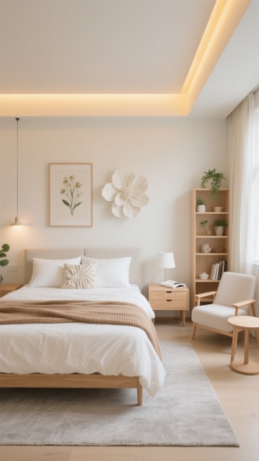 现代简约风格卧室，以米白色和浅木色为主色调，柔和的暖黄色间接光源（天花板灯带、床头壁灯）营造温馨宁静氛围。中央是一张铺着米白色床单和浅棕色针织毯的双人床，床头有两个白色靠枕和一个带褶皱装饰的抱枕。床的右侧是浅木色床头柜，上面放着一盏白色台灯和一本翻开的书。床尾铺着浅灰色地毯。左侧靠墙有一个浅木色开放式书架，摆放着绿植、装饰品和书籍，书架旁有一把浅色扶手椅和小圆几。背景墙挂着一幅花卉装饰画和两朵……预览效果