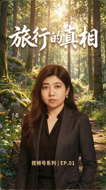 保留人物主体和文字"旅行的真相""视频号系列 | EP.01"，更换为山林徒步旅行背景，风格治愈自然预览效果