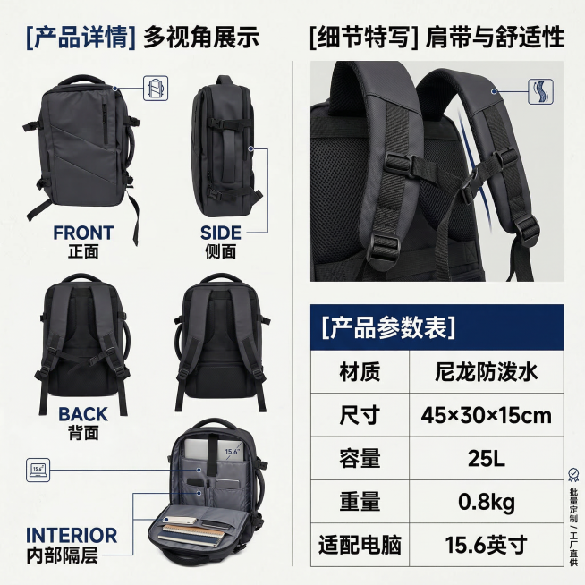 商务双肩包详情页第二部分，简约商务风+工厂批发风，配色黑白灰+藏青，排版工整。内容为产品多视角展示：正面、侧面、背面、内部隔层、肩带特写，以及参数表：材质（尼龙防泼水）、尺寸（45×30×15cm）、预览效果
