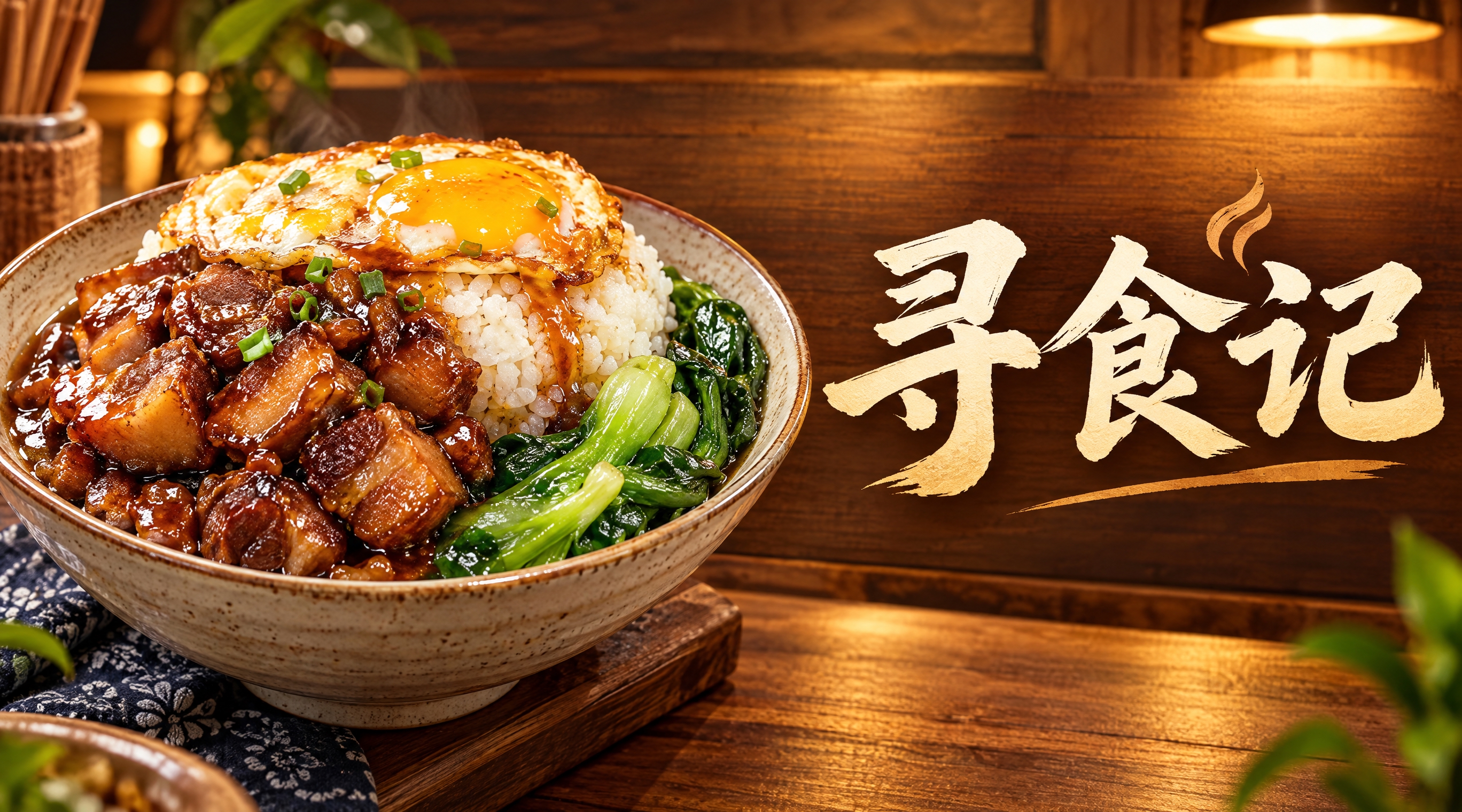 餐饮店招设计，店名"寻食记"，横版构图，画面中央偏左是一碗丰盛… - 图片创意预览