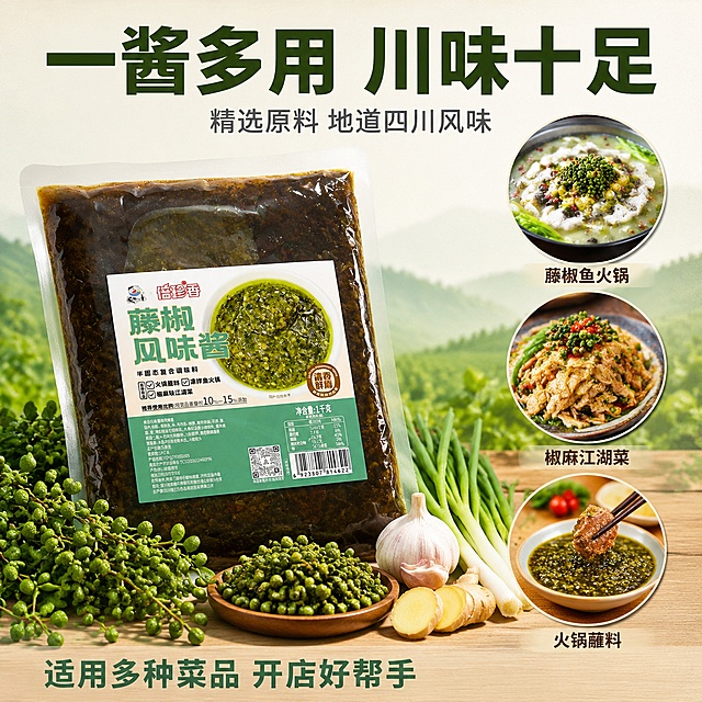 拼多多电商主图第二张，藤椒风味酱原料溯源与多用场景图。[氛围风格] 四川产地风味感，原料真实可见，拼多多直白卖点风格。[画质] 商业摄影质感、光线自然通透、产品清晰真实、原料细节丰富。[元素] 画面左侧放置1kg袋装藤椒风味酱，保持袋装产品外观（包装材质、颜色、标签图案）与输入产品图2完全一致，杜绝变形和色差。袋子斜靠摆放，旁边环绕真实原料：新鲜青藤椒串、青花椒粒、大蒜瓣、姜片、小葱，原料新鲜饱满有光泽。右侧用三个圆形小图展示三种经典用法：上方圆图是藤椒鱼火锅，中间圆图是椒麻鸡凉拌菜，下方圆图是火锅蘸料碗，每个圆图下方有小字标注。背景为浅米色+淡绿色渐变，底部有虚化的四川青花椒种植园远山剪影。商品主体占比约55%。[光影] 自然柔光从上方均匀照射，原料表面有自然高光，包装材质真实，整体明亮清新。[配色] 主色调浅米白+淡绿；辅助色藤椒翠绿；强调色深棕。[视角构图] 平视，产品左置，右侧三圆图纵向排列，构图均衡。[文字版式] 顶部居中大字标题“一酱多用 川味十足”，深绿色粗黑体最大号。下方辅助文案“精选原料 地道四川风味”，灰色中号。右侧三个圆图下方分别标注“藤椒鱼火锅”“椒麻江湖菜”“火锅蘸料”，深棕色小号字。底部一行“适用多种菜品 开店好帮手”，绿色字。文字清晰可读，不遮挡产品主体。[输出要求] 1:1比例，文字清晰锐利，超高清商业摄影质感。[负向提示词] 变形，文字错乱，产品模糊，背景杂乱，水印，电商平台Logo，极限词，价格，旗舰店字样。