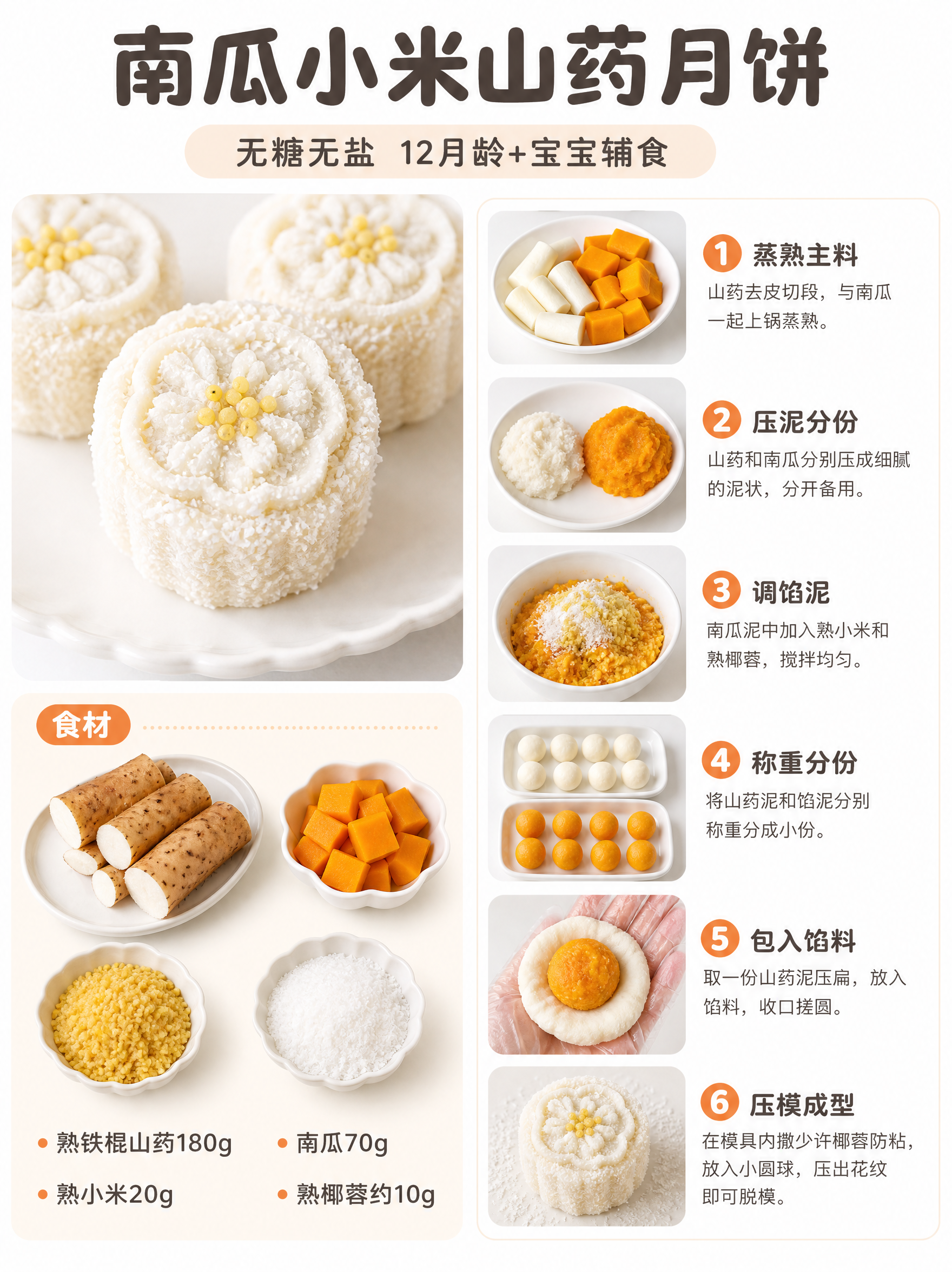[商品] 南瓜小米山药宝宝辅食月饼，奶白色山药外皮，表面薄裹细… - 图片创意预览
