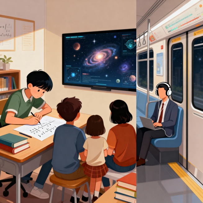 三分屏插画——学生做题（公式演算）、家庭观影（宇宙纪录片）、上班族通勤（耳机学科普）。预览效果