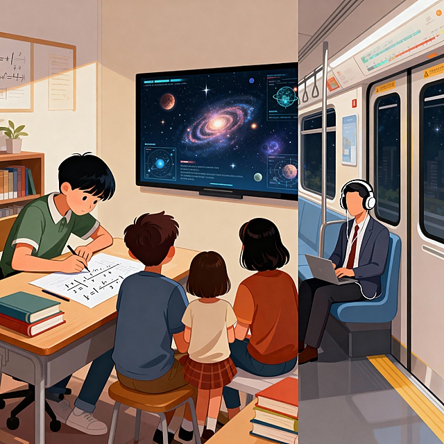 三分屏插画——学生做题（公式演算）、家庭观影（宇宙纪录片）、上班族通勤（耳机学科普）。