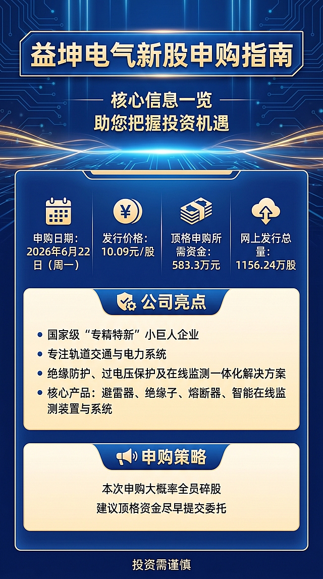 益坤电气（920222）申购指南

申购日期：2026年6月22日（周一）  
发行价格：10.09元/股  
顶格申购所需资金：583.3万元  
网上发行总量：1156.24万股  

公司亮点：益坤电气是国家级“专精特新”小巨人企业，专注于轨道交通与电力系统领域的绝缘防护、过电压保护及在线监测一体化解决方案，核心产品涵盖避雷器、绝缘子、熔断器以及智能在线监测装置与系统，技术壁垒较高。  

申购策略：本次申购大概率全员碎股。本次大概率无需过度争夺申购时间，但仍建议顶格资金尽早提交委托。  

（注：以上信息基于公开数据，仅供参考，投资需谨慎。）