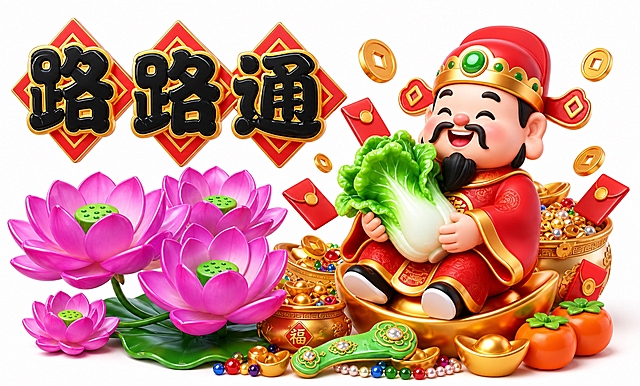 将参考图中的财神形象重绘为高清3D立体效果，Q版可爱财神爷，身穿红色官袍，头戴红帽配绿宝石，笑容满面，双手抱着一颗绿色大白菜，坐在金元宝船上。周围有金元宝、聚宝盆、铜钱、红色红包、紫色莲花、柿子、如意等吉祥元素。背景为纯白色，3D卡通渲染风格，材质细腻有光泽，光影柔和，立体感强，高清精致，保留原有的'路路通'黑色立体字和红色菱形底纹元素，整体喜庆吉祥