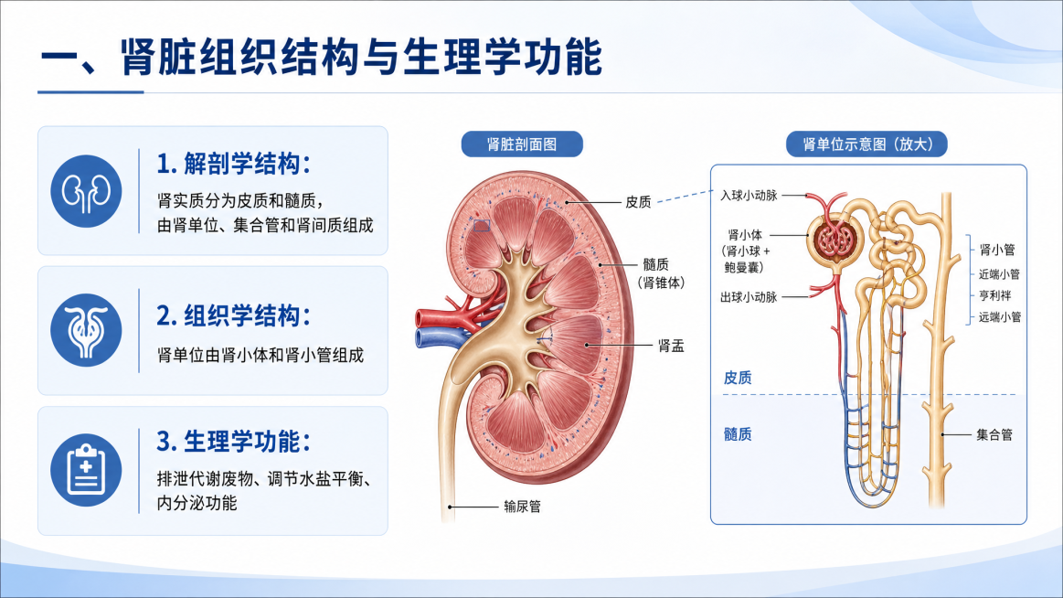 医学PPT页面，标题是"一、肾脏组织结构与生理学功能"，内容包含：解剖学结构：肾实质分为皮质和髓质，由肾单位、集合管和肾间质组成；组织学结构：肾单位由肾小体和肾小管组成；生理学功能：排泄代谢废物、调节预览效果