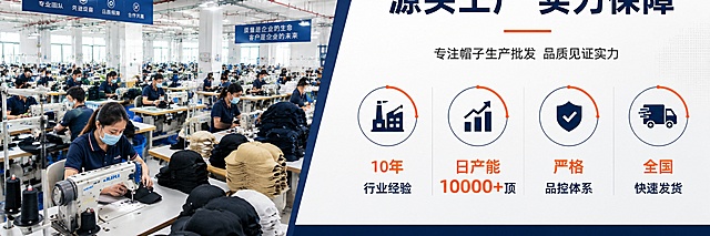 1688店铺工厂实力/公司介绍区设计。左侧为工厂实景图，现代化帽子生产车间，有缝纫机、工人作业、成品帽子堆放，画面明亮专业。右侧为文字介绍区，标题"源头工厂 实力保障"，下方四个图标+文字模块：1.工厂图标+"10年行业经验"，2.产能图标+"日产能10000+顶"，3.质检图标+"严格品控体系"，4.物流图标+"全国快速发货"。底部小字"洛阳市金佑商贸有限公司 专注帽子生产批发"。整体色调深蓝+白色+橙色点缀，风格专业可信，B2B工厂实力展示风格，左右分栏布局。