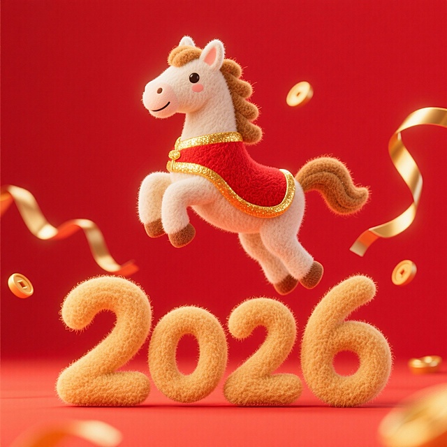 卡通小马穿红金新年装跃起，下方 “2026” 闪光泽，红背景飘金彩带，年味足