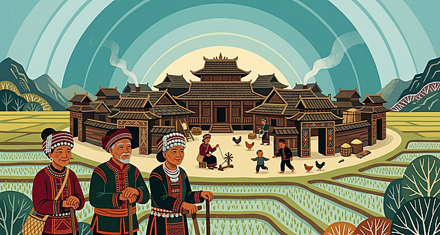 拉祜族史诗绘本插画，扁平化平涂风格，强轮廓线，明快民族配色，平视近景，人少，描绘拉祜族人来到肥沃的坝子阿沃阿戈东，这里坝子平如手掌，天空似锅底，拉祜族在这里建了九道门的大寨，过着富足的生活，展现云南山地田园风光，整体氛围祥和宁静，装饰性强，无大纵深