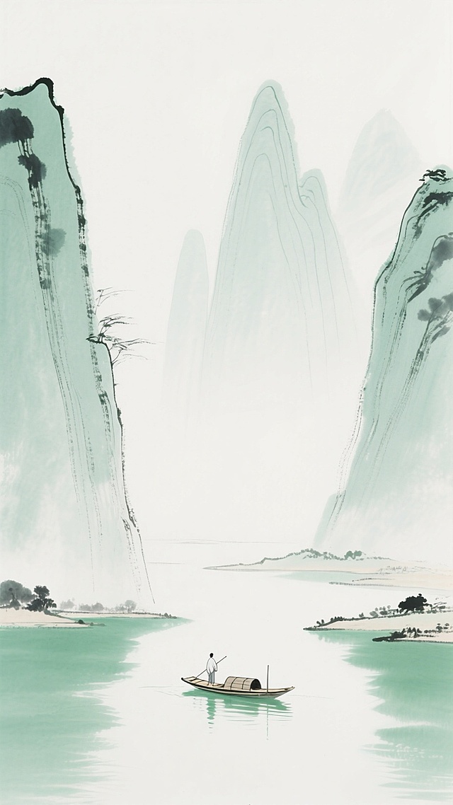 水墨风插画，淡雅青绿渲染山水，朦胧雾气弥漫，孤舟泛波，静谧悠远，国潮意境尽显。