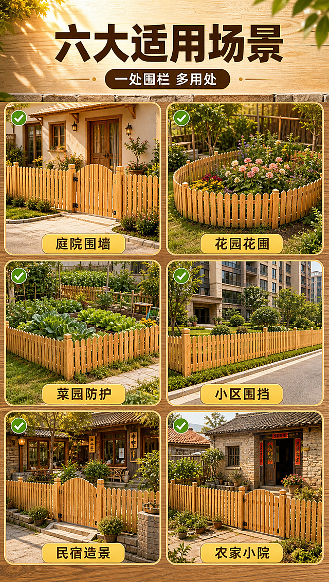 [商品] 使用【图1】碳化实木围栏；保留产品主体结构、材质、颜色；分别融入不同使用场景中，产品形态随场景略有调整（如直段、弧形、带大门等）。
[画面] 页面目标：多场景应用展示，让用户直观看到产品在不同空间的适配效果。构图：2行3列宫格布局，共6个场景小图，每格一个应用场景+场景名称标签；顶部为标题区。阅读动线：从上到下，从左到右依次浏览。场景：6个场景分别为——庭院围墙、花园花圃、菜园防护、小区围挡、民宿造景、农家小院。
[视觉] 套系策略：风格=自然温馨户外庭院商业摄影风；标题字=粗黑体厚重醒目；正文字=简洁无衬线体；主色=深棕木色；背景延展=基于深棕木色做深浅层级、同色渐变和自然木纹/石材质感；强调色=暖金色，仅用于小面积图标、引线、标签和阳光光效；标题色=深棕木色；正文色=深暖灰；组件=圆角场景图框、场景名称标签、勾选图标；光影=各场景均为自然日光，暖调统一。
[文字] 顶部主标题「六大适用场景」，副标题「一处围栏 多用处」；6个场景图下方分别标注：「庭院围墙」「花园花圃」「菜园防护」「小区围挡」「民宿造景」「农家小院」。每个场景图角落有绿色对勾图标。文字均为横排，标签清晰可读。
[规格] 图片比例9:16竖版，4K分辨率，负向提示：避免变形、错字、文字过小、冷蓝灰背景、产品颜色改变、极限词、水印、二维码。