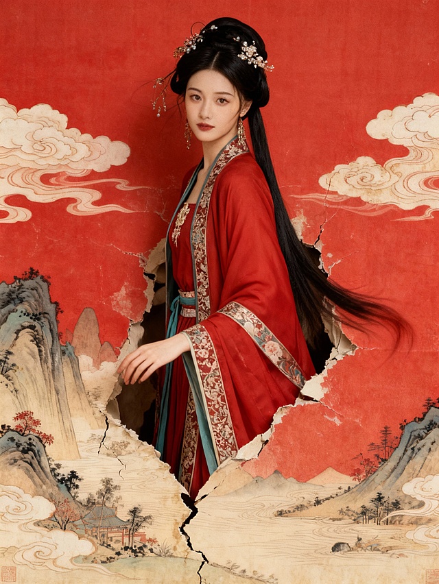 古典中式美学，工笔风人物与撕纸风背景融合，红衣女子破画而出，水墨山水环绕，喜庆典雅，意境悠远。