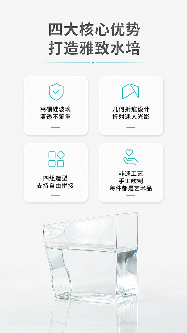 使用商品详情页技能根据商品图「图片1」「图片1」「图片1」「图片1」「图片1」「图片1」「图片1」「图片1」生成1套详情页，参考图为，商品名称为三分匠水培花器组合，卖点为水培花器 采用高硼硅玻璃材质，高质清透不笨重  自带简约几何折痕，折射出迷人光影  ABCD四组造型可随意拼接  非遗人工吹制，每一件都是艺术品 本品可按个人喜好进行搭配，多种规格可选、多种形态任意搭配，轻松打造桌面景观。，适配平台为抖音/快手，图片比例为9:16，需求屏数为8张，其他要求为