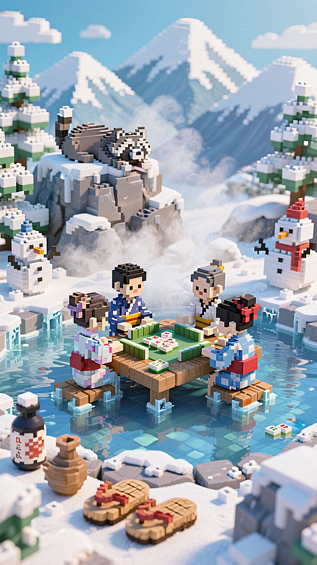 背景是覆满白雪的连绵山脉，前景是冒着热气的天然温泉池，4个穿着传统日式浴衣的角色在温泉中浮动的木台上打麻将，木台边缘结着冰棱。温泉周围堆着雪人，池边放着清酒壶和木屐，一只狸猫蜷在岩石上打盹。