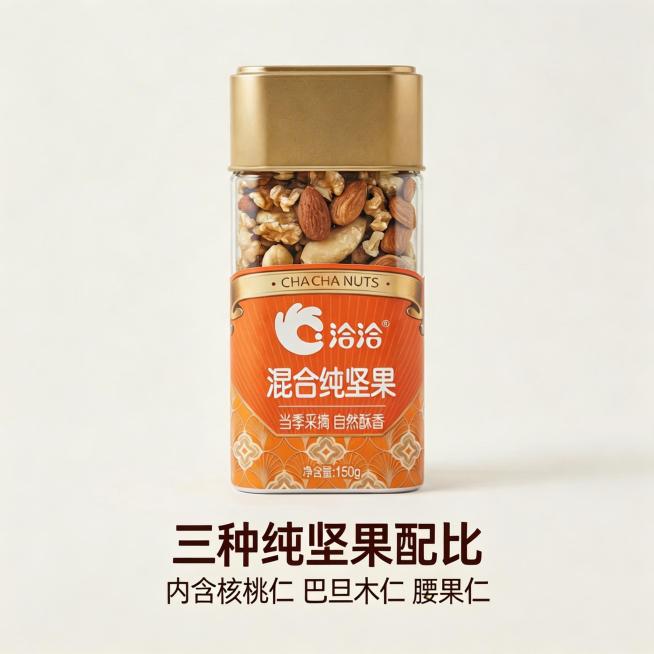 基于提供的洽洽混合纯坚果产品图，生成一张800*800产品主图，保留原产品包装和浅米白温馨背景，添加文字内容："三种纯坚果配比 内含核桃仁 巴旦木仁 腰果仁"，文字排版简约舒适，层级清晰，不遮挡产品主预览效果