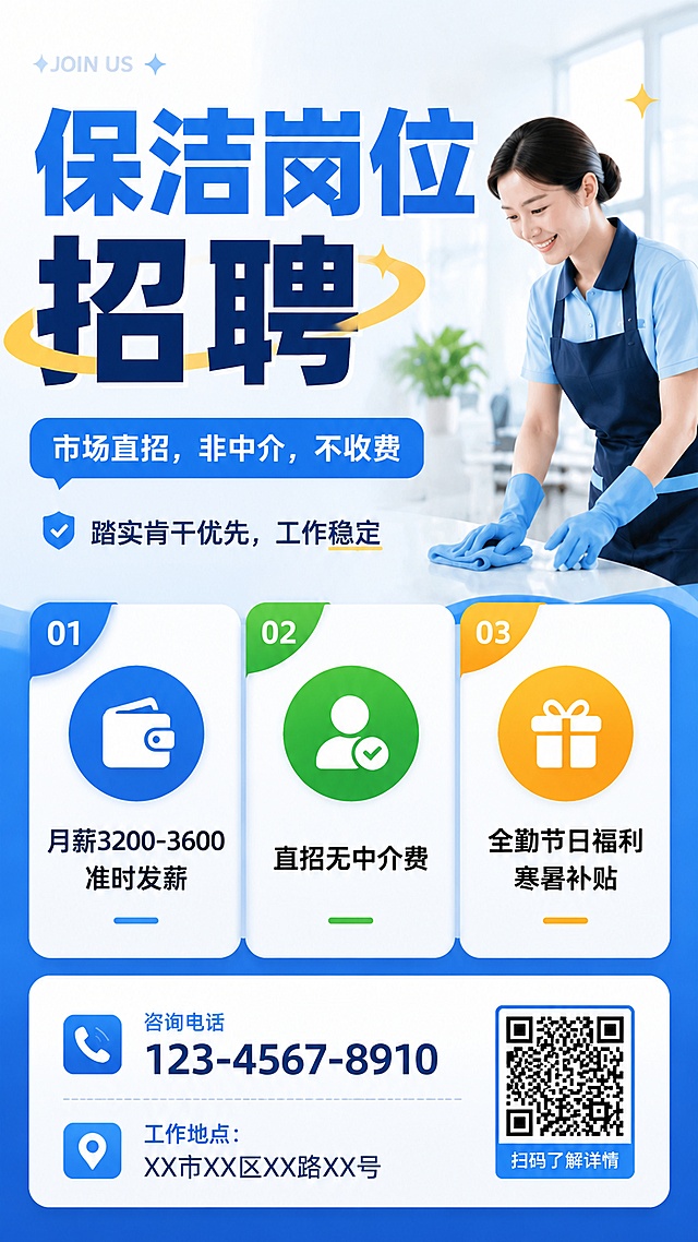 重新设计保洁招聘海报，保留所有招聘文案，调整排版增加设计层次感，采用卡片式分栏布局，增加色彩对比，丰富装饰元素，保留全部信息：主标题"保洁岗位招聘"、副标题"市场直招，非中介，不收费"、卖点"月薪3200-3600准时发薪、直招无中介费、全勤节日福利寒暑补贴"，底部预留咨询电话和工作地点位置，9:16竖版，简约商务风格，版式精美，文字清晰，分辨率4K