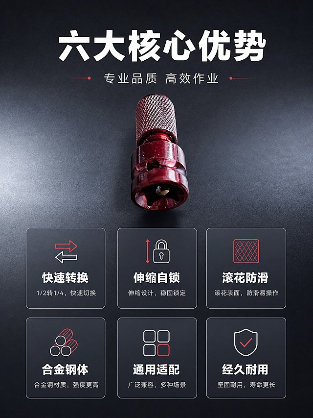 [详情-2] BOMA博马电扳转批头伸缩套 1/2转1/4 核心卖点总览。
[视觉] 套系策略：风格=高级简约工业风五金商业摄影；标题字=现代无衬线粗黑体；正文字=简洁无衬线体；主色=深炭灰；背景延展=基于深炭灰做深浅层级渐变与细腻金属磨砂质感；强调色=酒红色，仅用于小面积图标、引线、标签和重点文字；标题色=纯白色；正文色=浅灰色；组件=圆角细线信息卡、细引线、简约图标；光影=左前侧45度冷硬主光+右侧柔和补光，金属高光清晰。
[商品] 使用【图2】酒红色电扳转批头伸缩套；保留全部结构与颜色；精修处理。
[画面] 目标总览6大核心卖点，顶部标题区，中部产品小图居中偏上占30%，下方2行3列共6个圆角信息卡，每卡含一个简约线图标+4字卖点标题+小字说明，信息卡间距均匀，整体构图对称规整。
[文字] 顶部主标题「六大核心优势」6字，副标题「专业品质 高效作业」8字。6个卖点卡分别为：快速转换、伸缩自锁、滚花防滑、合金钢体、通用适配、经久耐用。每卡下方配1行小字说明，文字全部横排。
[规格] 图片比例3:4竖版，2K，避免变形、错字、文字过小、产品失真、水印、平台logo。