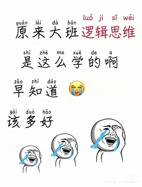 将图片中的红色文字“专注力zhuān zhù lì”修改为“逻辑思维luó ji sī wéi”，其他文字、表情包和哭脸图案都保持原样不变，图片整体风格保持不变。预览效果