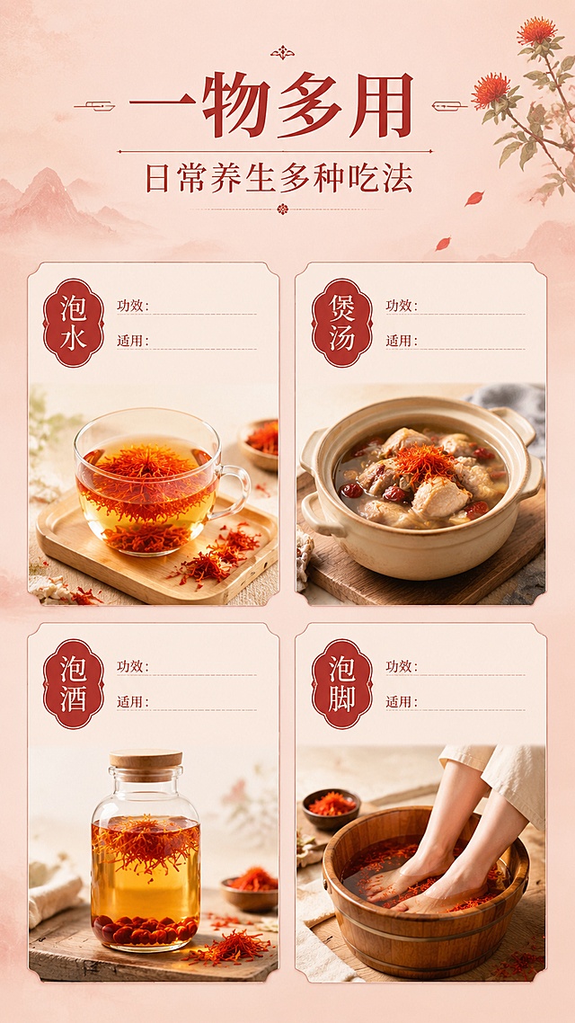 「图片1」「图片1」「图片1」，生成一套详情页，商品名称为红花，详情1：产品溯源产地页
 
提示词
国风长图详情版式，左侧罐装红花实拍，右侧手绘长白山山林人参产区风景，浅红中式底纹，简约文字排版，柔和古风色调，PICC承保标识，标注吉林长白山产地，干净高级滋补品详情图，分层构图，文字留白充足
详情小标题文案
长白山原产地直供 正宗道地红花
 
详情2：原料细节对比页
 
提示词
左右分栏静物摄影，左侧本品完整长丝红花微距，右侧劣质碎渣红花对比，浅灰干净背景，清晰突出本品花丝完整、色泽自然，高清写实，养生干货详情对比图，简约标注文字区域
详情小标题文案
甄选头茬新花 花丝完整无碎末
 
详情3：多种食用用法页
 
提示词
四格分镜中式简约插画+实拍结合，分别展示红花泡水、煲汤、泡酒、泡脚四种场景，浅红国风底色，柔和暖光，画面干净留白，预留文字说明位置，花草茶食用方法详情页
详情小标题文案
一物多用 日常养生多种吃法
 
详情4：产品资质储存信息页
 
提示词
简约商务详情版式，主体红花罐子背面信息实拍，清晰展示配料、保质期、储存条件、PICC承保标识，浅红纯色背景，排版规整，字体清晰，初级农产品资质说明图
详情小标题文案
规范罐装锁鲜 存放简单更省心
 
详情5：养生适配人群场景页
 
提示词
温柔中式居家养生场景，女生桌面泡红花茶，搭配原木茶具、干花，暖调柔和光影，低饱和国风配色，留白区域可加文字，舒缓氛围感，适合日常调理养生详情图
详情小标题文案
日常居家常备 温和调理花草干货
 
二、整套精炼电商文案（标题+短卖点+详情分段文案）
 
商品标题（搜索引流）
 
世参堂长白山红花20g罐装 头茬整蕊红花干花草茶泡水泡脚煲汤初级农产品
 
主图短卖点（3句）
 
1. 长白山原产地直采，头茬新花整蕊采摘

2. 一罐多用，泡水、泡酒、煲汤、足浴均可

3. 20g密封罐装锁鲜，PICC产品承保更安心
 
详情页分段精炼文案
 
板块1｜产地甄选
 
产自吉林长白山人参示范区，山林自然种植，当季头茬红花人工采摘，完整花蕊不碎剪，自然晾晒锁留存原生色泽与营养，道地原料无杂掺。
 
板块2｜品质看得见
 
花丝修长完整，橙红金黄自然色泽，无熏硫、无碎渣、无杂草杂质，干品蓬松干燥，冲泡后茶汤透亮，气味自然清香。
 
板块3｜多样食用方式
 
▫️泡水：取少量温水冲泡，日常代茶饮
▫️煲汤：炖鸡、炖肉少量搭配，膳食调理
▫️泡酒：搭配泡酒原料，浸泡饮用
▫️足浴：温水冲泡泡脚，舒缓身心
 
板块4｜储存&规格
 
净含量20g透明密封罐装，防潮防尘；保质期18个月，阴凉干燥存放，低温冷藏更佳；初级农产品，PICC产品责任险承保，品质有保障。
 
板块5｜温馨提示
 
日常养生适量食用，孕妇、经期量大人群不建议食用；本品为初级农产品，不可替代药物。适配淘宝/天猫平台，单图比例为9:16，需求屏数为5张。