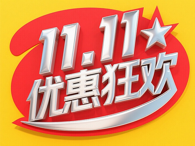 “11.11 优惠狂欢"字体，银色金属质感，所有斜笔画向内挤压为弧形锐角，膨胀风向内挤压的弧形笔画设计，字形结构宽大，粗笔画有明显的的粗细变化，酸性风现代艺术字设计，以十字星图形提取笔画灵感，先锋艺术，背景是红色和黄色。