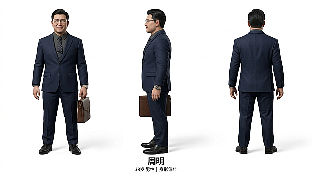 单个人物三视图，3D仿真人风格，16:9横版构图，纯白色背景，单个纸张上展示角色三视图，依次为正面、正侧面、背面，下方标注中文姓名"周明"，38岁男性，身形偏壮，短发梳得整齐，戴商务手表，深色西装套装+皮鞋，气质油滑阔绰，人物建模精致细腻，面部清晰，服装质感写实，8K高清，负面提示：避免画面杂乱，人物重叠，背景多余元素，比例失调，面部模糊，服装破损，低分辨率，变形