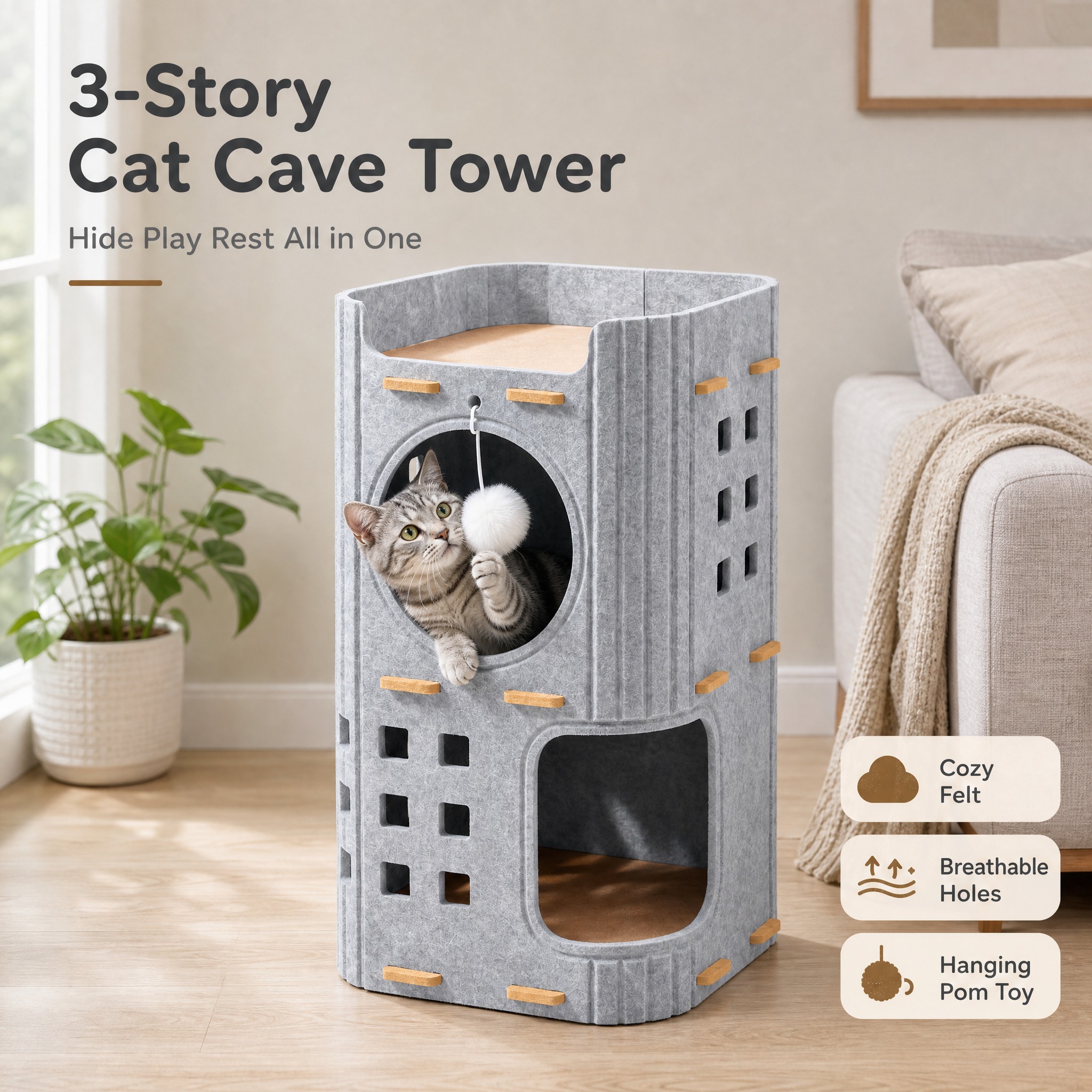 [主图-1] 3-Story Felt Cat Cave To… - 图片创意预览