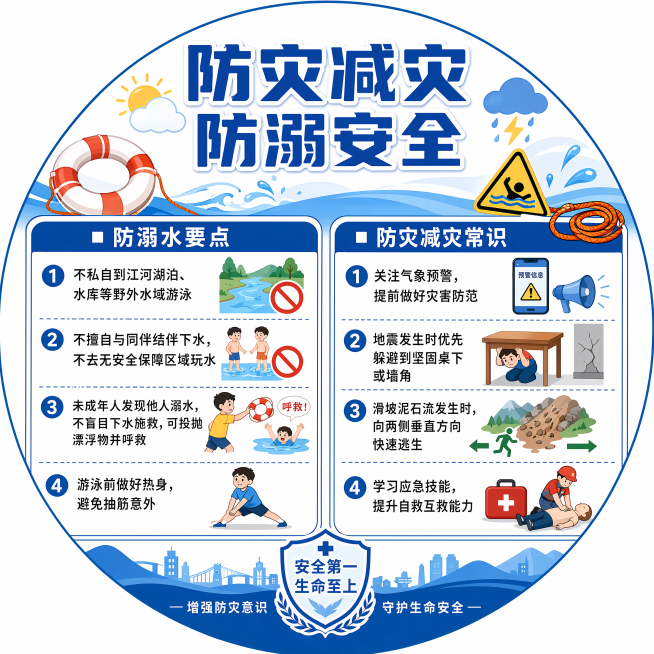 这是团扇反面设计图，整体为1:1圆形团扇样式，正式公益科普风格，图文并茂，排版精美。整面展示防灾减灾防溺亡知识，文字内容丰富清晰无乱码，搭配救生圈、警示牌、救生绳、晴雨图标等示意图标。文字包含："防灾预览效果