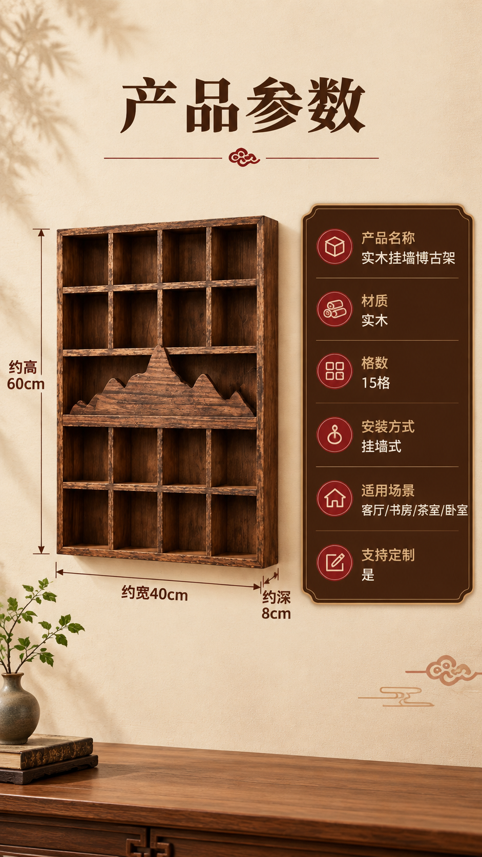 [商品] 使用【图1】实木15格挂墙博古架；保留整体结构、15… - 图片创意预览