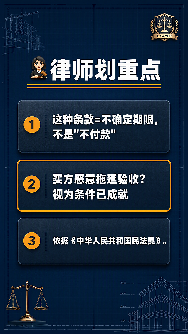 小红书笔记内页，律师划重点，9:16竖版，建筑工程法律风格，深蓝橙黄配色，与前页统一调性，版式精美，小红书笔记质感。背景：深蓝色纯色底，带细微工程图纸网格肌理。顶部标题：「👩‍⚖️ 律师划重点」，白色粗黑体，居中，下方橙黄色双下划线。主体为3张深灰蓝色圆角卡片竖向排列，每张左侧有橙黄色圆点序号，右侧白色粗体文字：1. 这种条款=不确定期限，不是"不付款" 2. 买方恶意拖延验收？视为条件已成就 3. 依据《中华人民共和国民法典》。第2张卡片加橙黄色边框高亮突出。卡片带轻微金属质感阴影。装饰：右上角律师徽章小图标，左下角天平图标，四周工程图纸线条装饰。整体氛围：专业权威、干货满满、工程法律结合。画质：高清细腻，文字清晰不裁切，四周留安全边距。画面比例9:16，4K。