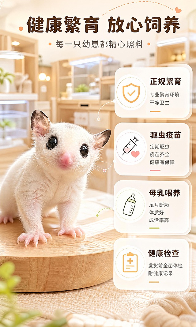[商品] 使用【图1】奶白色蜜袋鼯幼崽；保留浅奶白毛发、大黑圆眼、粉鼻粉爪、小巧耳朵、粉嫩皮肤和幼崽体型比例；优化毛发蓬松度，不改变外观结构和颜色。
[画面] 页面目标：健康繁育保障，展示专业繁育环境和幼崽健康状态，建立信任。构图：左右分栏，左侧是蜜袋鼯幼崽健康大特写（站在干净的木质平台上，眼神明亮），占画面约50%；右侧是4个竖排健康保障卡片。背景：虚化的干净繁育室/宠物房场景，浅色木质柜、消毒灯、整洁的饲养箱环境，暖光照明，三层景深。阅读动线：顶部标题→左侧宠物→右侧四卡片从上至下。
[视觉] 套系策略：风格=软萌治愈温馨商业宠物摄影；标题字=圆润粗圆体；正文字=简洁圆体；主色=奶油米白+浅暖黄；背景延展=基于奶油米白做深浅渐变、柔光光斑、木质/织物同色系质感；强调色=暖橙+浅粉+浅绿，仅用于小面积图标、引线、标签和装饰圆点；标题色=深棕咖色；正文色=暖灰色；组件=圆角白色半透明卡片、软萌线性小图标、圆点曲线装饰；光影=侧上方暖柔光，毛发通透有层次，整体明亮柔和。
[文字] 顶部居中主标题「健康繁育 放心饲养」，副标题「每一只幼崽都精心照料」；右侧四卡片竖排：第一卡配盾牌+对勾图标，标题「正规繁育」，说明「专业繁育环境 干净卫生」；第二卡配针管+爱心图标，标题「驱虫疫苗」，说明「定期驱虫 疫苗齐全 健康有保障」；第三卡配奶瓶图标，标题「母乳喂养」，说明「足月断奶 体质好 成活率高」；第四卡配体检报告图标，标题「健康检查」，说明「发货前全面体检 附健康记录」。所有文字横排，圆润字体。
[规格] 比例3:5竖版详情页，4K高清，宠物清晰毛发分明，文字手机端可读；禁止变形、错字、模糊、水印、平台Logo、医疗恐吓、夸张功效承诺、宠物表情怪异。