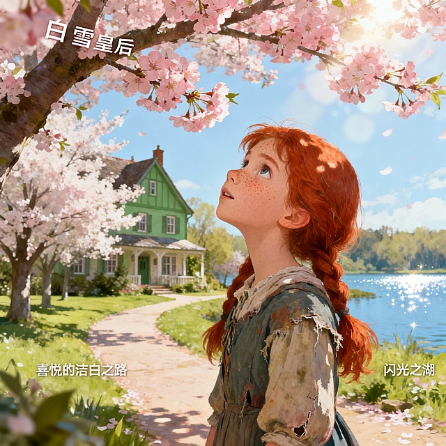 梦幻感插画风，清新唯美的3D拟物场景，樱花纷飞的春日小径，童话般的绿色小屋与闪光之湖，文艺气息浓厚。