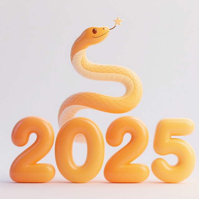 软3D风格的“2025”艺术字体设计，整体呈现柔和的橙黄色渐变，字体边缘圆润光滑，带有轻微的立体感和光泽感，数字“2”和“5”的笔画流畅飘逸，数字“0”上方巧妙融入一条简约抽象的蛇形图案，蛇头微微抬起，头顶有一颗小星星装饰，背景为纯白色，整体设计简洁明快、现代感十足，富有节日和新年的喜庆氛围。