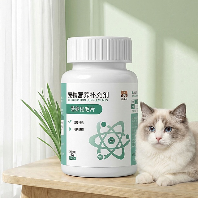 淘宝1:1宠物化毛片商品主图，主体是宠物化毛片白色药瓶，保持瓶身上原有文字和图案不变，保持产品主体物理结构不变。风格为轻松环保，浅绿清新背景，搭配一只可爱布偶猫和天然麦苗植物，北欧自然风，柔和漫射透光窗帘光，低饱和度清新绿色调，中心构图，整体明亮干净通透，符合天猫平台种草氛围。负向提示词：瓶身扭曲、Logo变形、文字错误、西方面孔、死黑阴影、硬光、高对比度、多余的盖子、缺失部件、变形、水印、昏暗光线、畸变透视