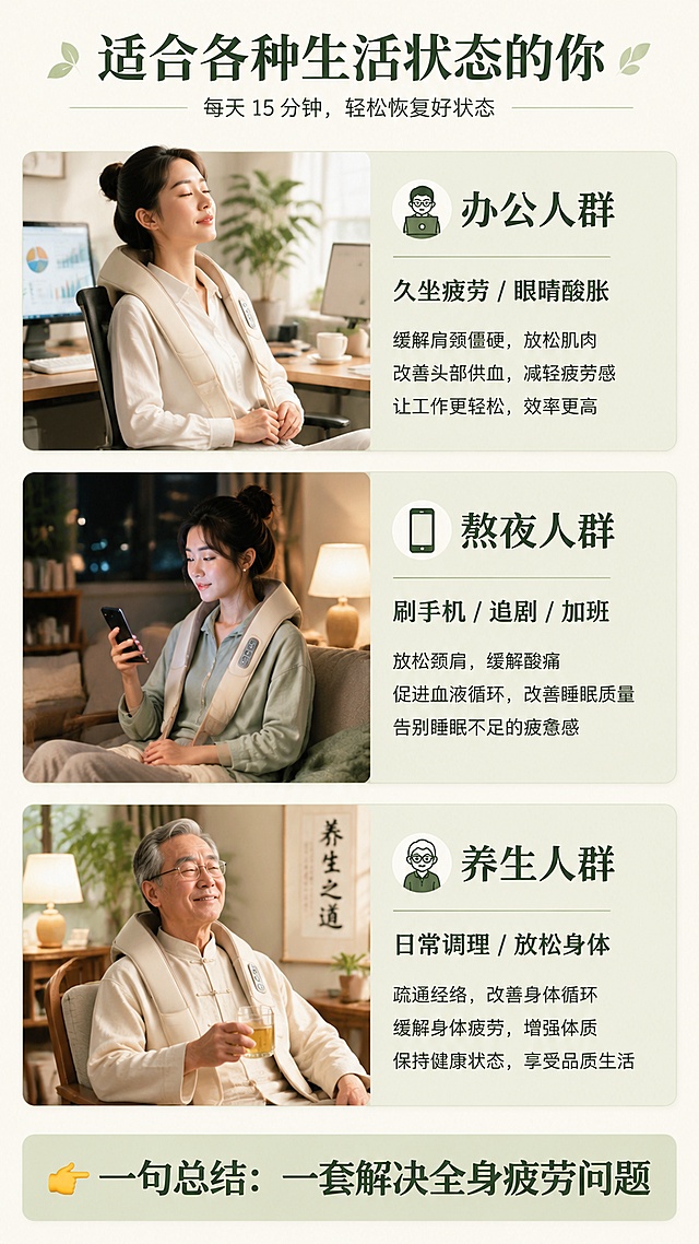 「图片1」，生成详情页，商品名称为（蒸汽&全身SPA），适配抖音/快手平台，单图比例为9:16，需求屏数为10张  《艾草暖养三件套｜从头暖到脚》
① 顶部爆点主视觉（第一屏）

主标题（大字）：
👉 从头暖到脚 · 艾草暖养三件套

副标题：
蒸汽眼罩 + 艾草按摩锤 + 草本足浴包

核心卖点3连击（必须大）：

缓解眼疲劳 👁
全身放松 🧘‍♀️
艾草暖养 🌿

价格锚点：
🔥 99元/套（强突出）

② 痛点场景引导（第二屏）

标题：你是不是也这样？

熬夜刷手机 → 眼睛干涩
久坐办公 → 肩颈僵硬
睡眠浅、疲劳累
手脚冰凉

👉 一句话总结：
现代人的疲劳，是全身性的

③ 产品组合展示（核心成交屏）
💤蒸汽眼罩（5盒=50片）
恒温热敷
缓解眼疲劳
熬夜党必备
🔨艾草按摩锤（1个）
艾草草本填充
敲打肩颈/背部
放松僵硬肌肉
🛁草本足浴包（30包）
艾草+多味草本
泡脚驱寒暖身
改善疲劳状态
④ 使用场景强化（第四屏）
🧑‍💻办公人群

久坐疲劳 / 眼睛酸胀

📱熬夜人群

刷手机 / 追剧 / 加班

🧓养生人群

日常调理 / 放松身体

👉一句总结：
一套解决全身疲劳问题

⑤ 使用方法（简单三步）
STEP1 👁

蒸汽眼罩 → 睡前热敷20分钟

STEP2 🔨

艾草按摩锤 → 敲打肩颈5-10分钟

STEP3 🛁

草本足浴 → 泡脚20-30分钟

👉形成闭环：
眼 → 身 → 足 全身放松

⑥ 产品安全与信任背书
草本配方更温和 🌿
无刺激成分
一次性使用更卫生
适合大多数人群
⑦ 权益与保障（抖音必放）

✔ 运费险
✔ 七天无理由
✔ 支持试用体验
✔ 一盒蒸汽眼罩试用装赠送

⑧ 强转化收口（最后一屏）
💥限时套餐价：99元/套

包含：

5盒蒸汽眼罩（50片）
艾草按摩锤1个
草本足浴包30包

👉一句强收口：
一套搞定全身疲劳，从头暖到脚