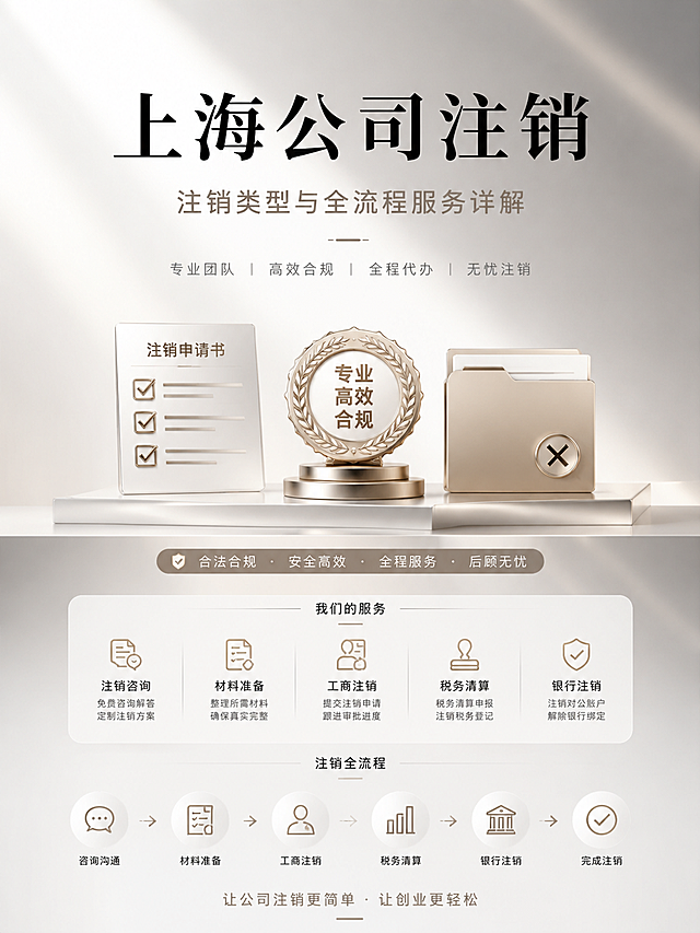 企业注销产品宣传海报，香槟银高级质感，苹果极简风设计，增加画面空间感和层次感，用于朋友圈宣传，内容丰富，排版干净精致，构图简约干净，真实材质质感，现代审美，高级光影，商业级视觉设计，背景简洁不杂乱，文字排版整齐，文字无错误，无水印无LOGO，专业设计师风格，AI感低。主标题文字"上海公司注销"，副标题文字"注销类型与全流程服务详解"。画面中间摆放缩小的图标组合：带勾选框的纸质注销文书、金色荣誉奖章、带叉号的金色文件文件夹，金属轻奢质感，香槟银色调，高级光影，真实材质，苹果极简风，构图简约有层次，背景简洁干净。