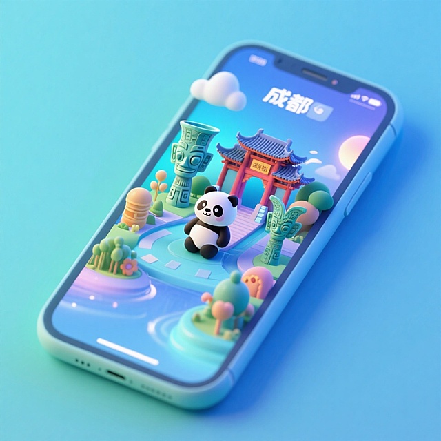 一个手机创意微缩场景，手机平放，侧面对着观众，手机俯视角度，立体的成都景观从屏幕内出来，有熊猫，三星堆，武侯祠，整体色调立体魔幻。青色背景。具有梦幻感,打光营造出柔和氛围强调梦幻和未来感的美学。